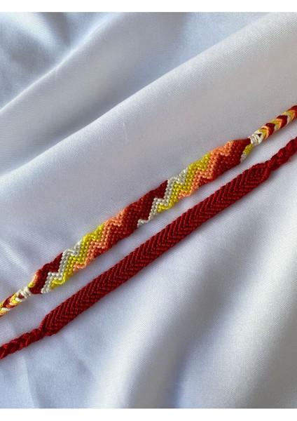 Kırmızı Tek Renk Kırmızı ve Turuncu Zikzak Desenli 2'li Bileklik Seti