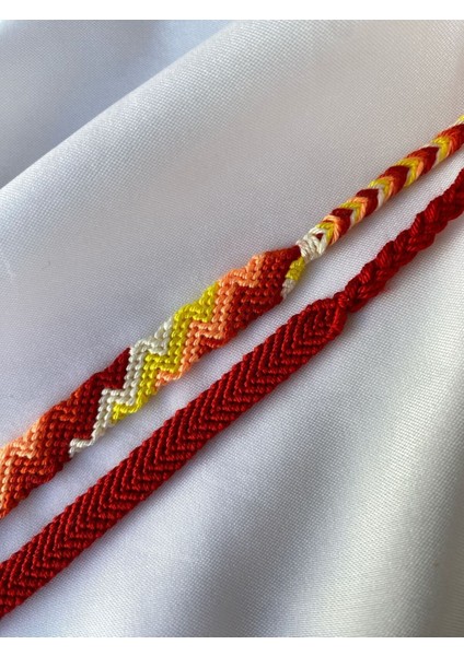 Kırmızı Tek Renk Kırmızı ve Turuncu Zikzak Desenli 2'li Bileklik Seti