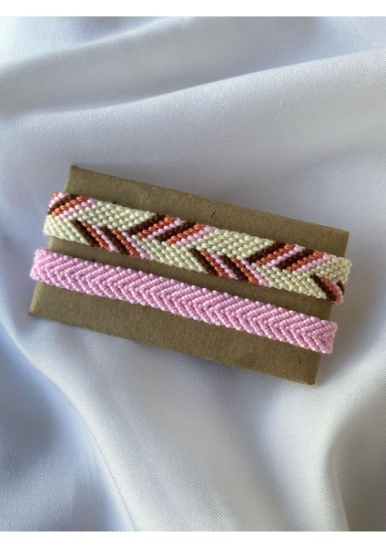 Kahverengi ve Pembe Asimetrik Chevron Model 2'li Örgü Bileklik Seti
