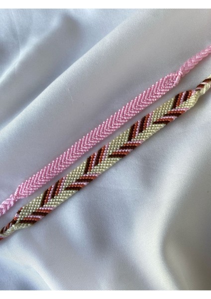 Kahverengi ve Pembe Asimetrik Chevron Model 2'li Örgü Bileklik Seti