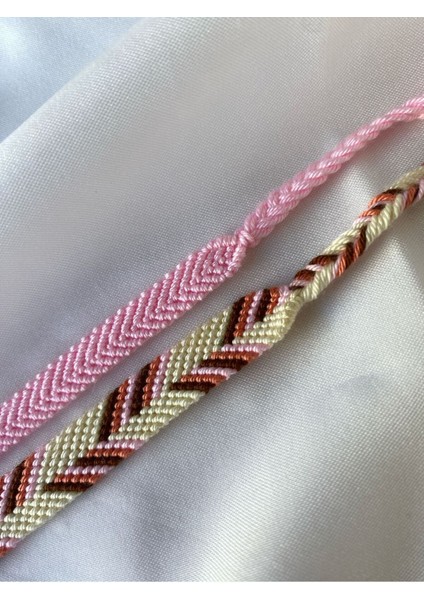Kahverengi ve Pembe Asimetrik Chevron Model 2'li Örgü Bileklik Seti