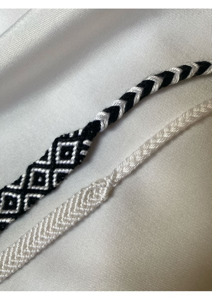 Siyah Siyah Beyaz Kare Desenli Örgü Bileklik 2'li Set