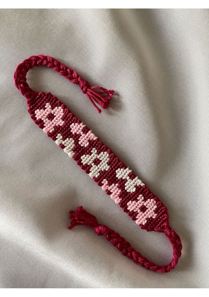 Pembe Çiçek Desenli Bileklik Örgü El Işi Bileklik
