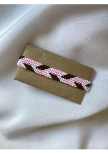 Kahverengi ve Pembe 3 Renkli Asimetrik Chevron Bileklik El Işi Örgü Bileklik
