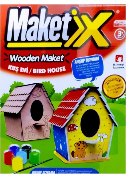 Vıp Maket Boyanabilir Ahşap Kuş Evi Maketi 6 Renk Akrilik Boya Ahşap Eğitici Oyuncak Ahşap Boyama