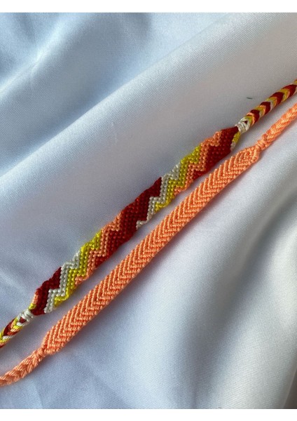 Turuncu Tek Renk Kırmızı ve Turuncu Zikzak Desenli 2'li Bileklik Seti
