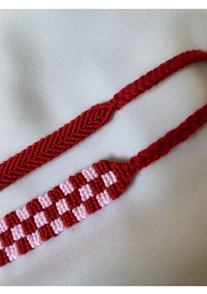 Kırmızı Pembe ve Kırmızı Dama Desenli Örgü Bileklik 2'li Set