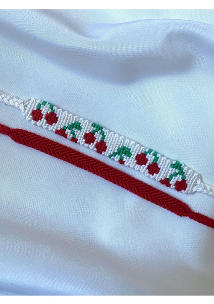 Kırmızı Kiraz Desenli Örgü Bileklik 2'li Set