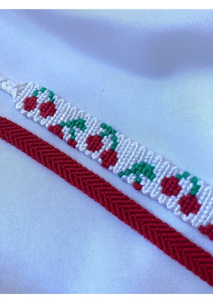 Kırmızı Kiraz Desenli Örgü Bileklik 2'li Set