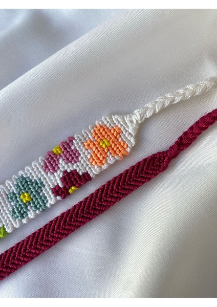 Fuşya Rengarenk Çiçek Desenli 2'li Örgü Bileklik Seti