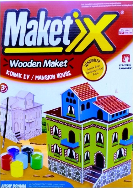 Vıp Maket Boyanabilir Ahşap Konak 6 Renk Akrilik Boya Ahşap Eğitici Oyuncak Ahşap Boyama Ahşap Konak