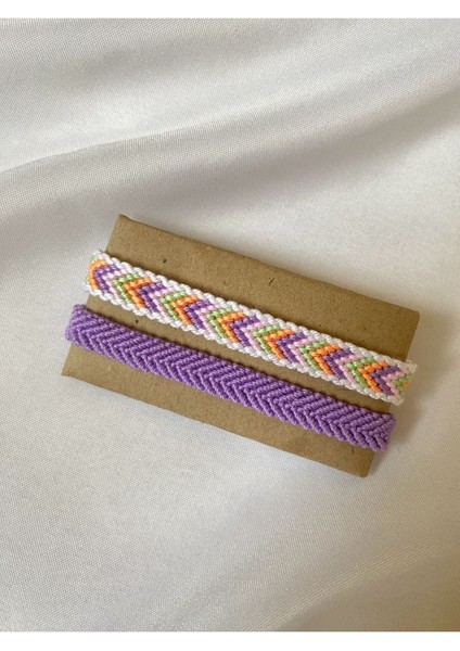 Mor Tek Renkbeyaz Çerçeveli Pastel Renkli Chevron Örgü Bileklik 2'li Set