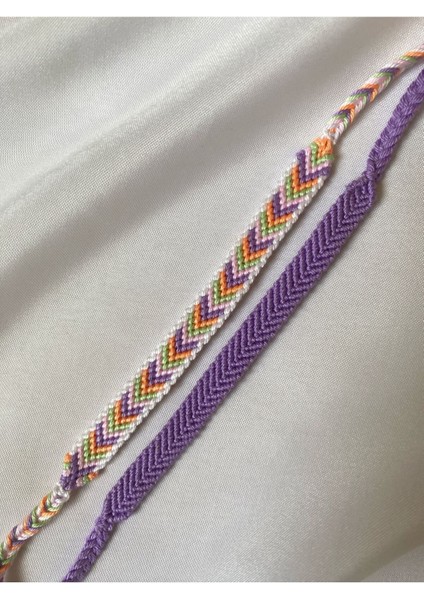 Mor Tek Renkbeyaz Çerçeveli Pastel Renkli Chevron Örgü Bileklik 2'li Set