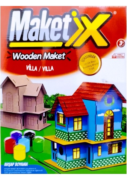 Vıp Maket Boyanabilir Villa 6 Renk Akrilik Boya Eğitici Oyuncak Ahşap Boyama Ahşap Villa Boyama Seti