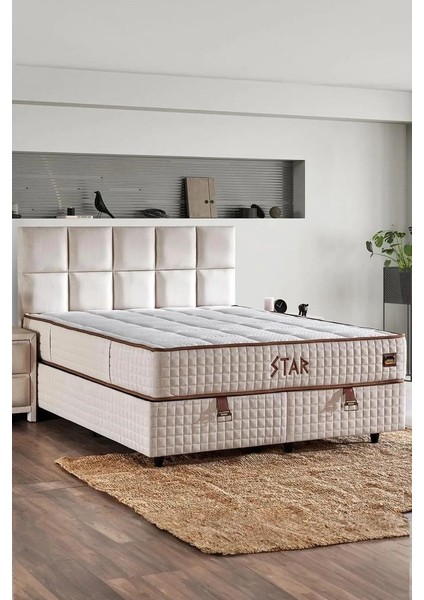 Star Yatak Seti 180X200 cm Çift Kişilik Yaylı Sert Ortopedik Yatak Krem Keten Lüks Baza Başlık Takım
