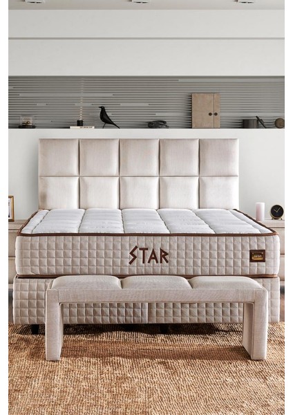 Star Yatak Seti 100X200 cm Tek Kişilik Yaylı Sert Ortopedik Yatak Krem Keten Lüks Baza Başlık Takımı