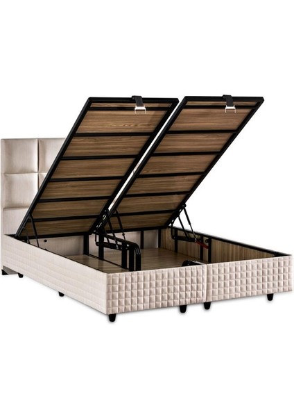 Star Baza ve Başlık Seti 150X200 cm Çift Kişilik Krem Keten Kumaşlı Lüks Baza ve Başlık Takımı