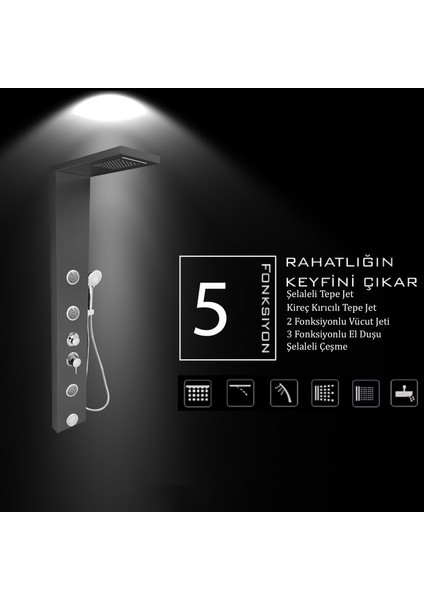 Venüs Metalik Füme Şelaleli Masajlı Duş Paneli - Dikey Jakuzi - Robot Duş - El Duşu fırsatları