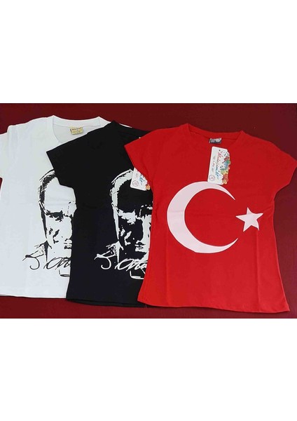 Atatürk ve Türk Bayrağı Baskılı Kız ve Erkek Çocuk T-Shirt 3'lü Paket