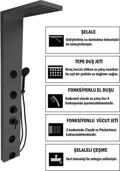 Venüs Metalik Füme Premium Şelaleli Masajlı Duş Paneli - Dikey Jakuzi - Robot Duş - El Duşu fiyatları
