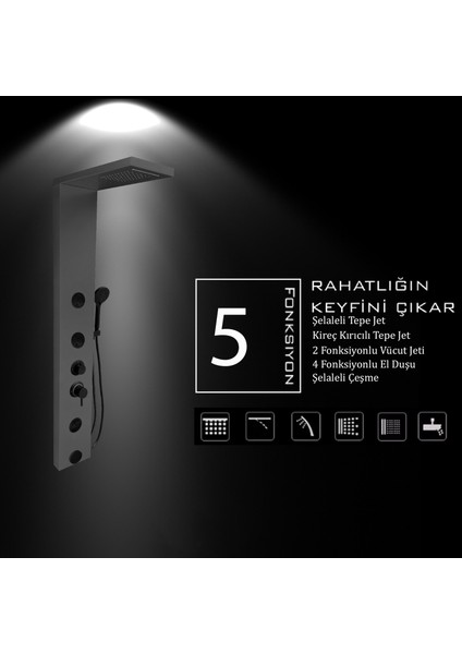 Venüs Metalik Füme Premium Şelaleli Masajlı Duş Paneli - Dikey Jakuzi - Robot Duş - El Duşu modelleri
