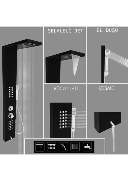 Victoria Siyah Şelaleli Masajlı Duş Paneli - Dikey Jakuzi - Robot Duş - El Duşu