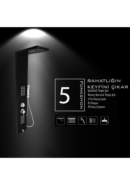 Victoria Siyah Şelaleli Masajlı Duş Paneli - Dikey Jakuzi - Robot Duş - El Duşu