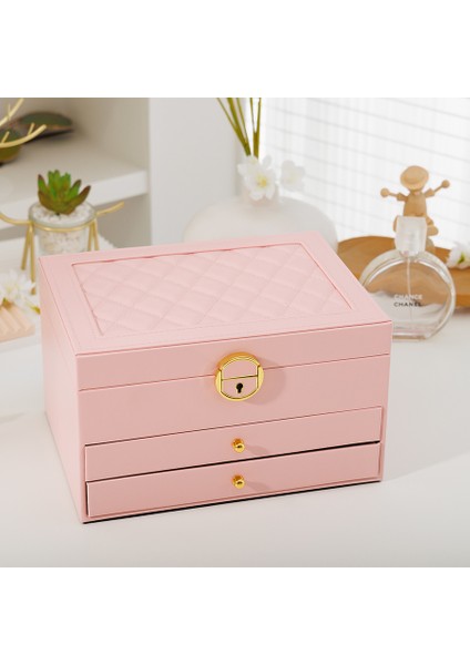 Özel Desenli , Deri , 3 Katlı Takı Kutusu, Pembe Renk, Anahtarlı Model