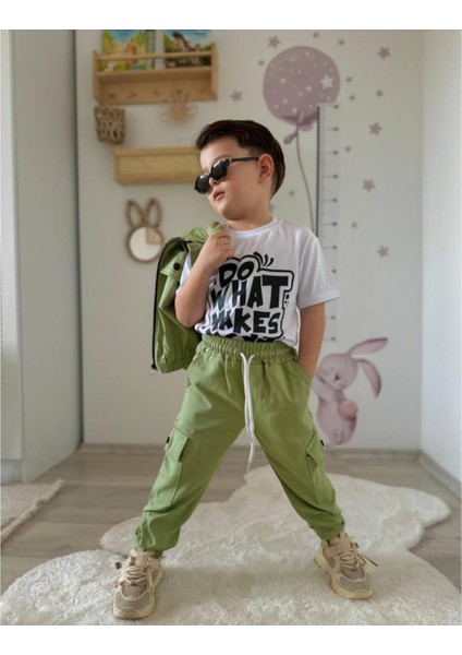 Yeşil Renk, Gabardin Kumaş ,pantolon, Tişört, Ceketli Çocuk Üçlü Takım