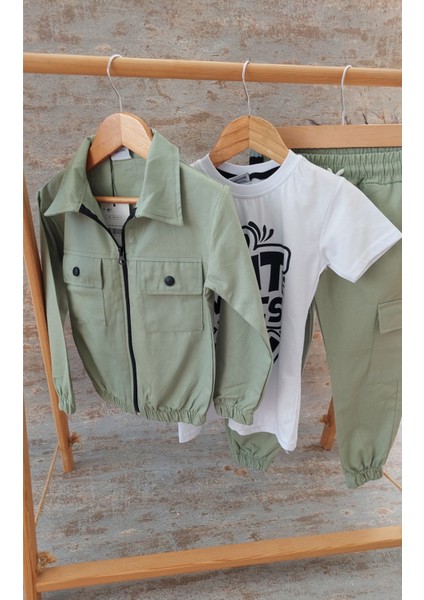 Yeşil Renk, Gabardin Kumaş ,pantolon, Tişört, Ceketli Çocuk Üçlü Takım indirimleri