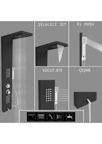Victoria Antrasit Gri Şelaleli Masajlı Duş Paneli - Dikey Jakuzi - Robot Duş - El Duşu