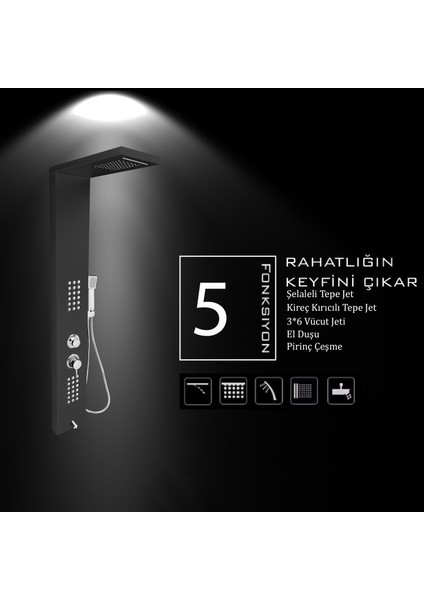 Victoria Antrasit Gri Şelaleli Masajlı Duş Paneli - Dikey Jakuzi - Robot Duş - El Duşu