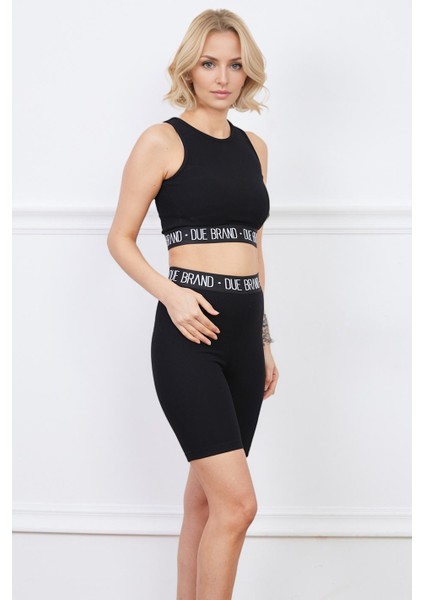 Yüksek Bel Fitilli Tayt Crop Büstiyer Toparlayıcı Kadın Alt Üst Takım Siyah