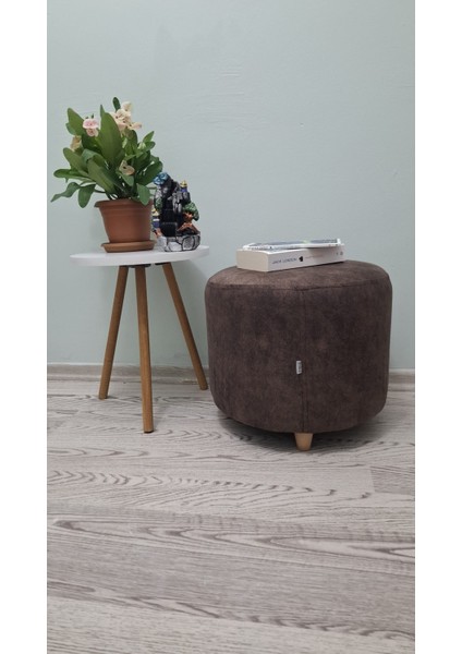 Ahşap Ayaklı Nubuk Kumaş Yuvarlak Puf