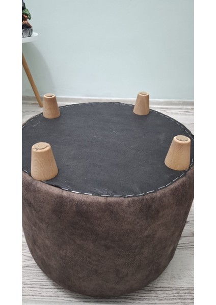 Ahşap Ayaklı Nubuk Kumaş Yuvarlak Puf