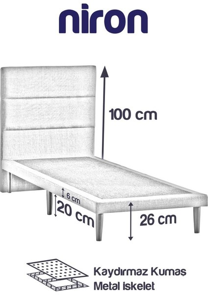 Niron Slim Baza ve Başlık Takımı 90X190 Tek Kişilik Gri Kumaş Kaplı Metal Karyola ve Başlık Seti