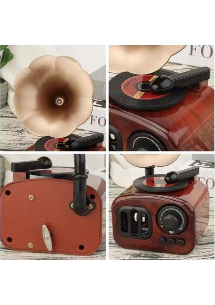 Nostaljik Radyo Görünümlü Gramofon Temalı Kurmalı Retro Müzik Kutusu Konsept Hediyelik Dekoratif Set
