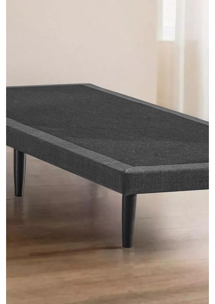 Niron Slim Karyola 90X200 Tek Kişilik Baza, Metal Iskeletli Yüksek Ayaklı Koyu Gri Keten Kumaşlı