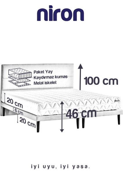 Niron Slim Pocket Yatak Seti - 100X200 Tek Kişilik Paket Yaylı Yatak, Metal Baza ve Başlık Takımı