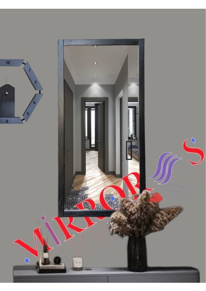 Ahşap Çerçeve Siyah Ayna Duvar Hol Boy Ayna 100 x 50 cm