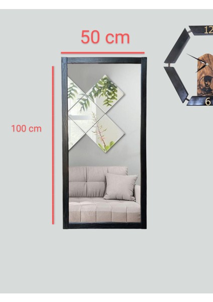 Ahşap Çerçeve Siyah Ayna Duvar Hol Boy Ayna 100 x 50 cm