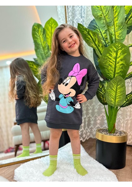 Minnie Baskılı Kız Çocuk Sweat Tunik Elbise