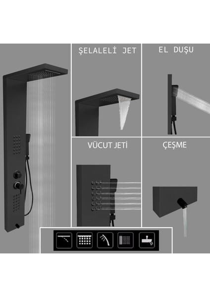 Victoria Antrasit Gri Premium Şelaleli Masajlı Duş Paneli - Dikey Jakuzi - Robot Duş - El Duşu modelleri