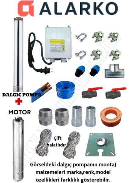 4sdm2/28 2hp Alarko 35 mt Yassı Kablolu ve Panolu 70 mt Halatlı Çift Vanalı Akıtma Başlıklı Monofaze Takım Dalgıç Pompa