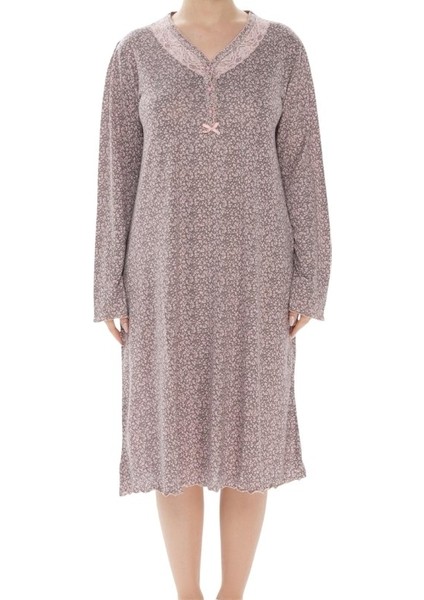 Kadın Desenli Bambu %100 Pamuk Mevsimlik Uzun Kol Gecelik -Geniş Kesim Anne Kalıp