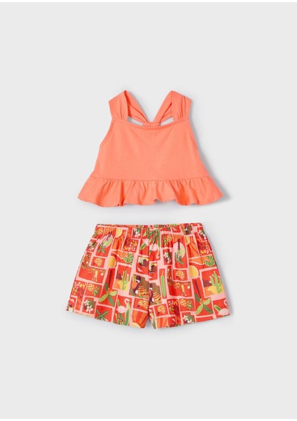 Kız Çocuk Baskılı Şort ve Tişört Takımı 3215 Turuncu