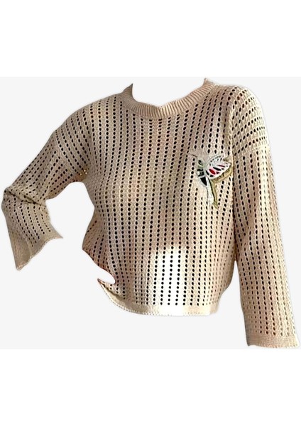 Kırık Beyaz Triko Delikli Kuş Işlemeli Standart Kadın Kazak modelleri