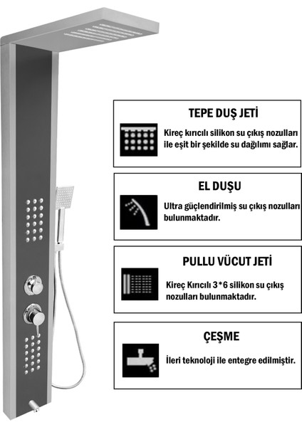 Çift Renk (Silver Gri-Metalik Füme) Masajlı Duş Paneli - Dikey Jakuzi - Robot Duş - El Duşu - Lüx fiyatları