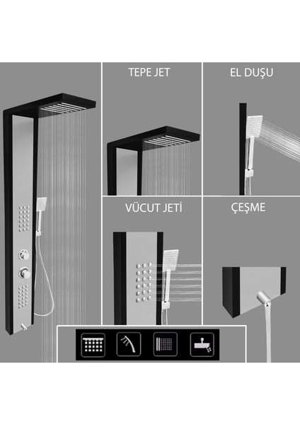 Çift Renk (Siyah-Silver Gri) Masajlı Duş Paneli - Dikey Jakuzi - Robot Duş - El Duşu - Lüx