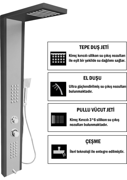 Çift Renk (Metalik Füme-Silver Gri) Masajlı Duş Paneli - Dikey Jakuzi - Robot Duş - El Duşu - Lüx fiyatları